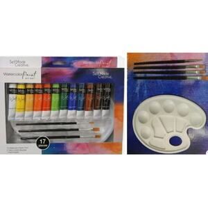 17 Pc WATERCOLOR Tubes Paint Set w 4 Taklon Paint Brushes + Art Palette Value